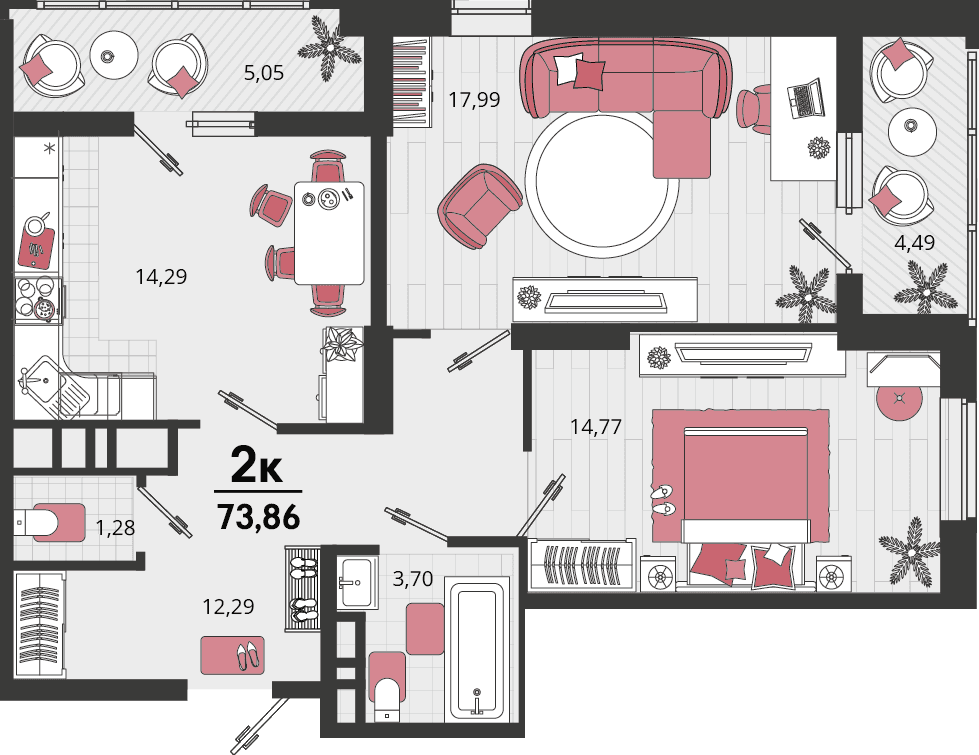 2-к, 73.86 м² · Родные просторы