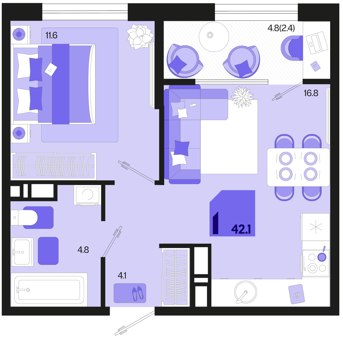 1-к, 42.1 м² · Первое место