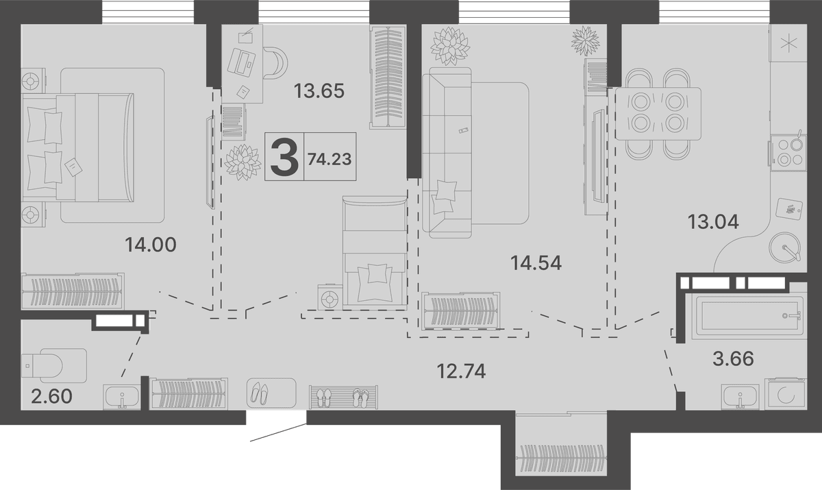 3-к, 74.23 м² · Светский лес