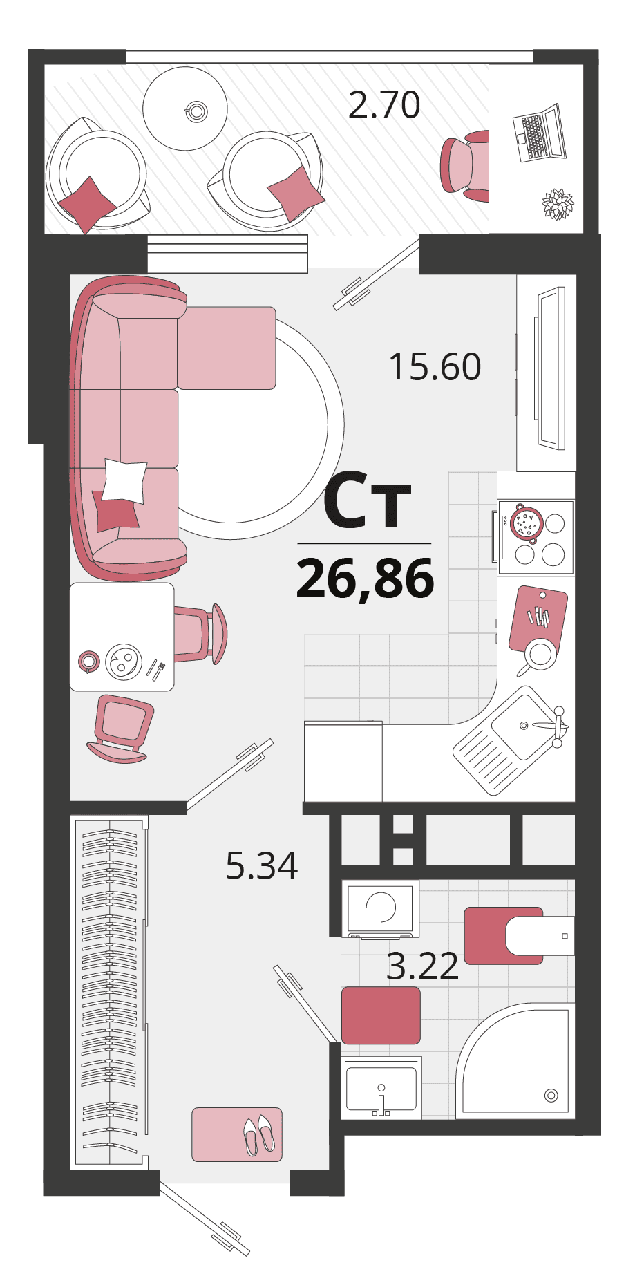 Студия, 27.3 м² · Родные просторы