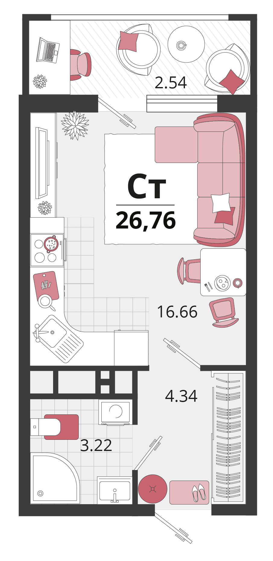 Студия, 27.15 м² · Родные просторы