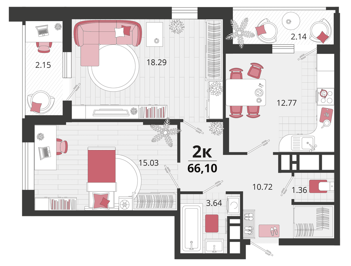 2-к, 66.6 м² · Родные просторы