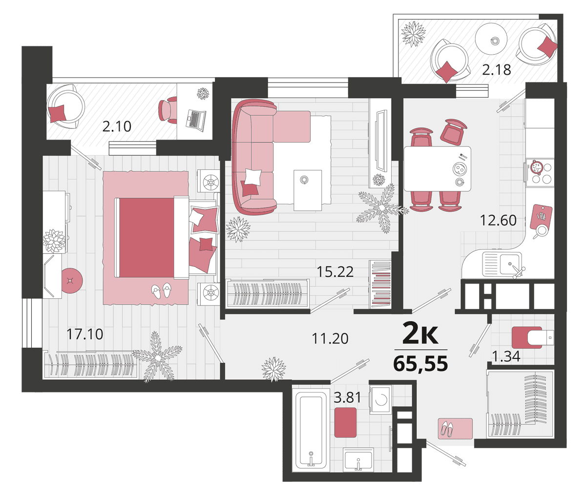 2-к, 65.35 м² · Родные просторы