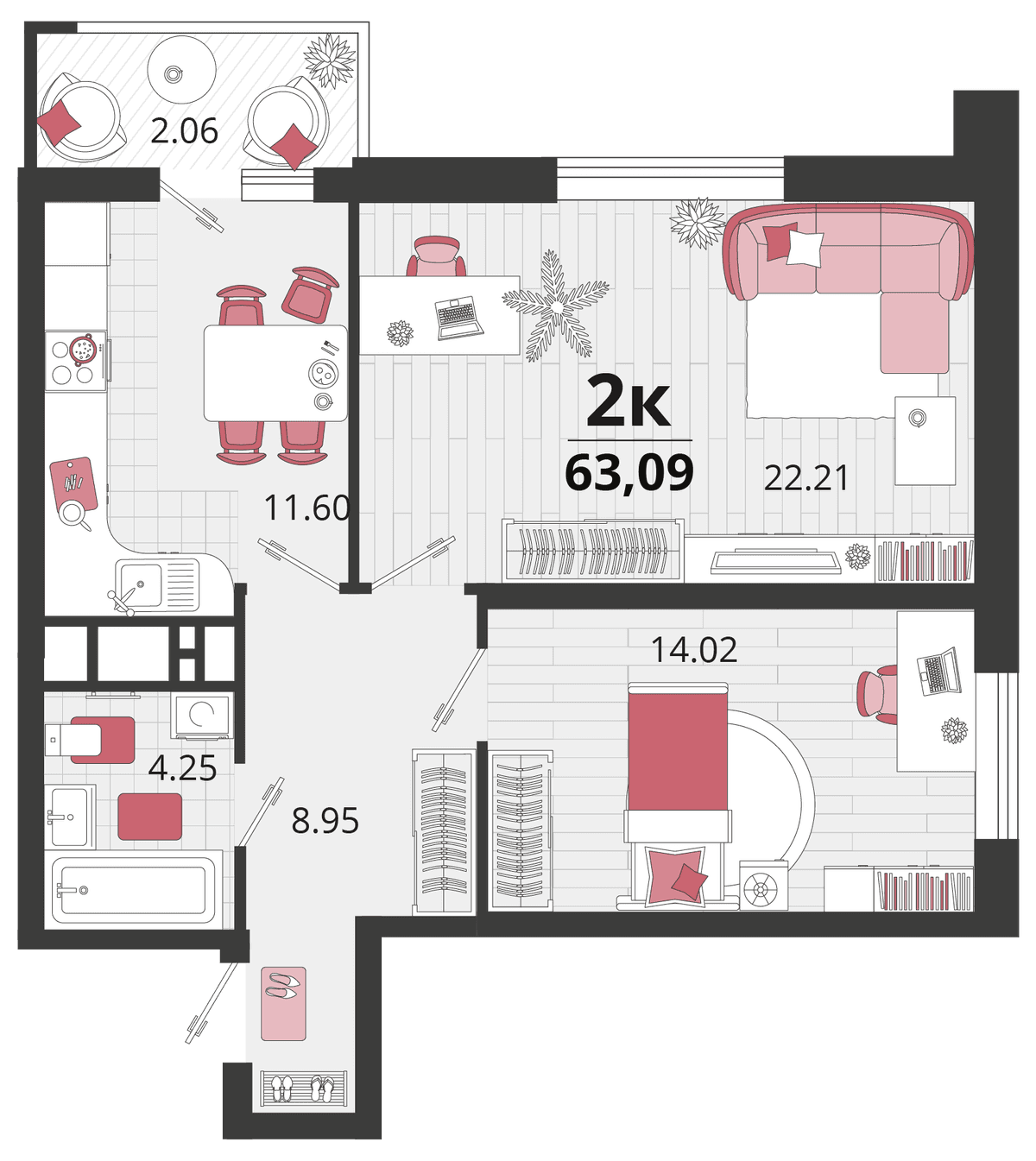 2-к, 62.8 м² · Родные просторы