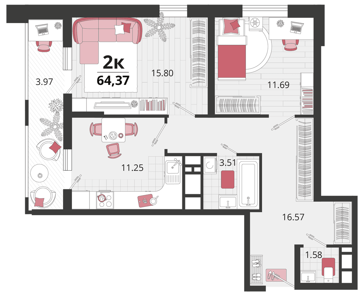 2-к, 63.6 м² · Родные просторы
