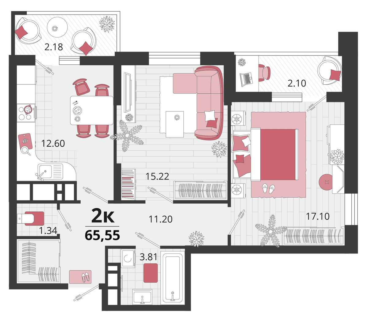 2-к, 65.4 м² · Родные просторы