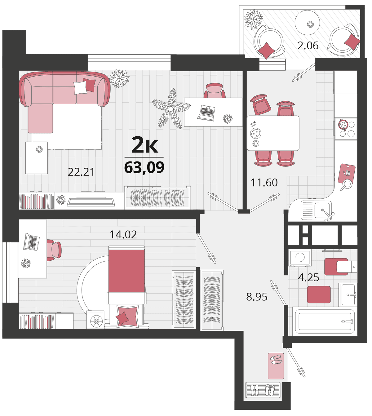 2-к, 62.65 м² · Родные просторы