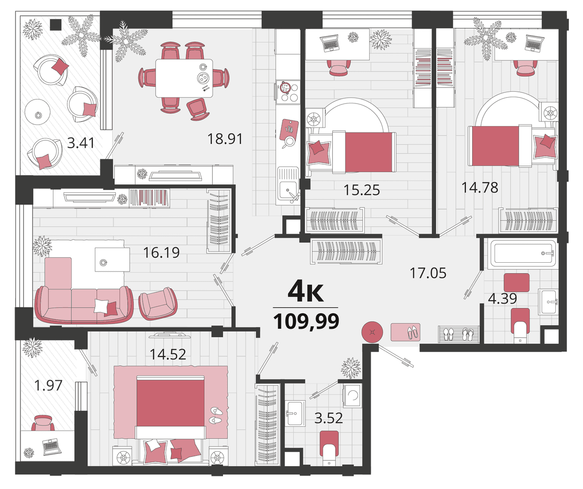 4-к, 108.05 м² · Родные просторы
