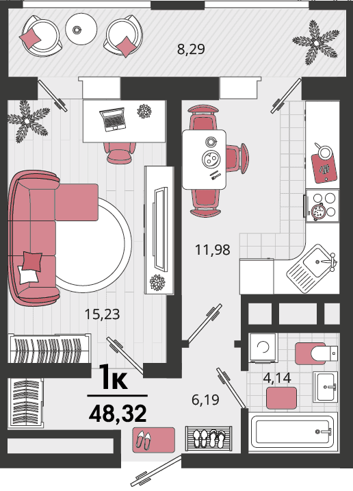 1-к, 45.83 м² · Родные просторы