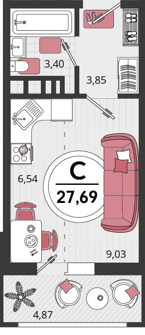 1-к, 27.69 м² · Родные просторы
