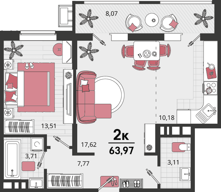 2-к, 63.97 м² · Родные просторы