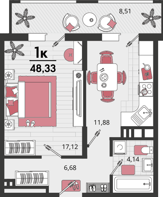 1-к, 48.33 м² · Родные просторы
