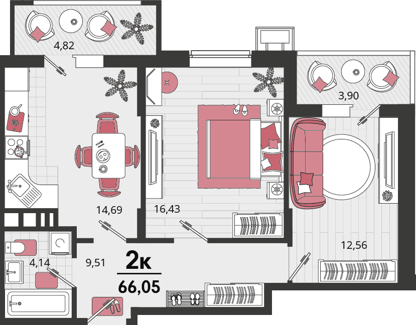 2-к, 66.05 м² · Родные просторы