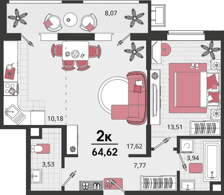 2-к, 64.62 м² · Родные просторы