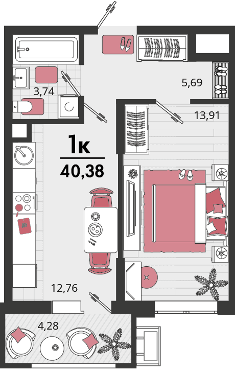 1-к, 40.38 м² · Родные просторы