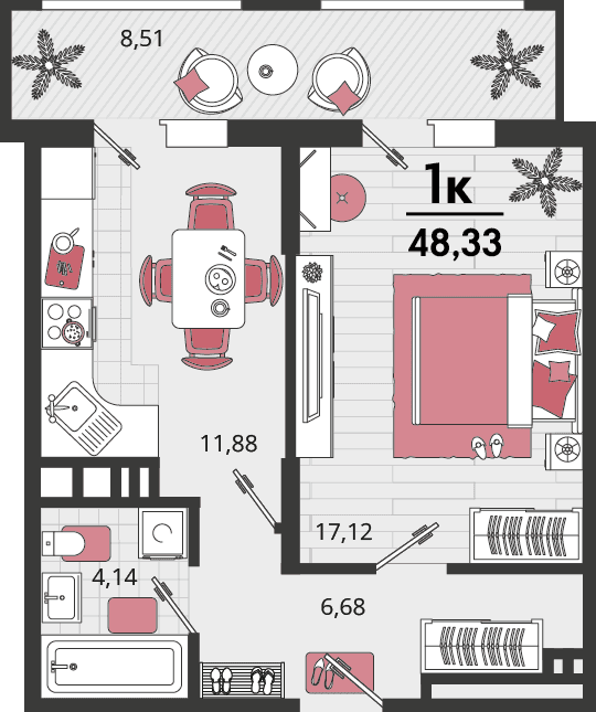 1-к, 48.33 м² · Родные просторы