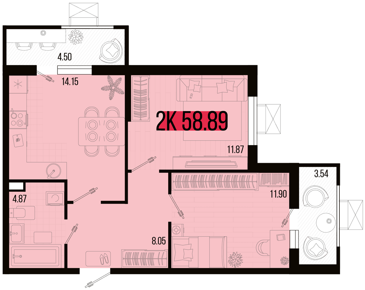 2-к, 54.86 м² · Цветной бульвар
