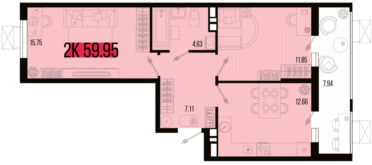 2-к, 55.98 м² · Цветной бульвар