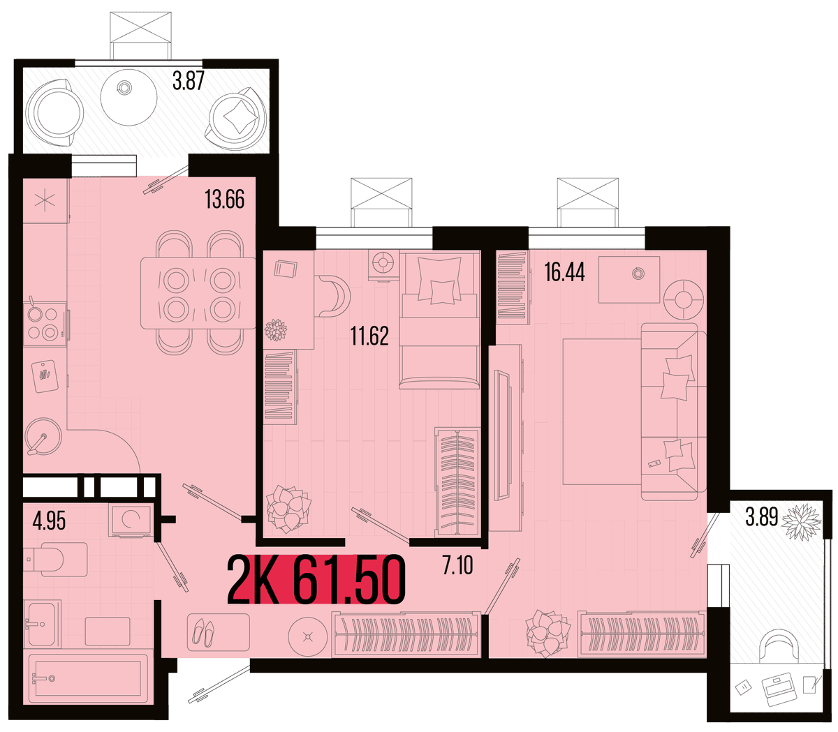 2-к, 57.64 м² · Цветной бульвар