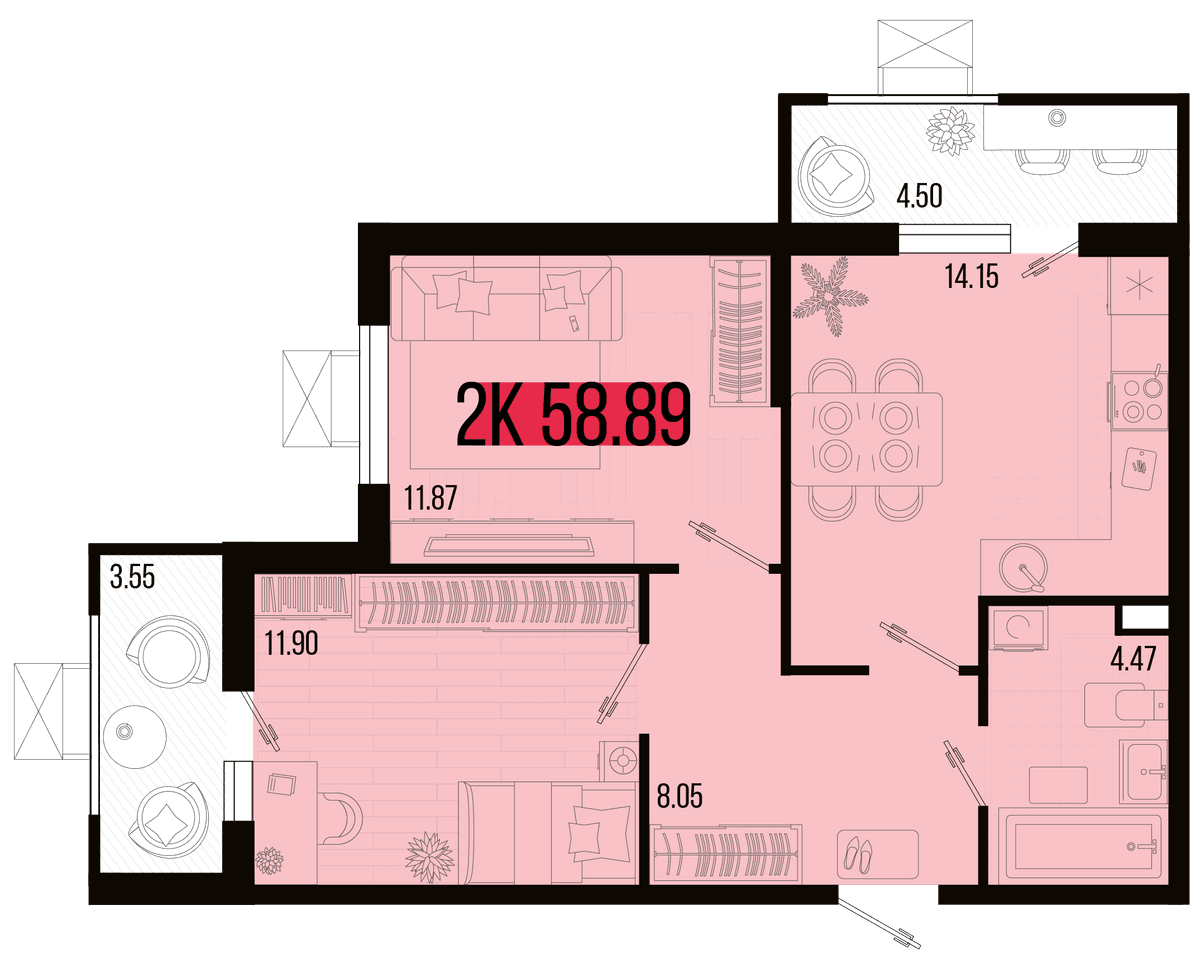 2-к, 55.5 м² · Цветной бульвар