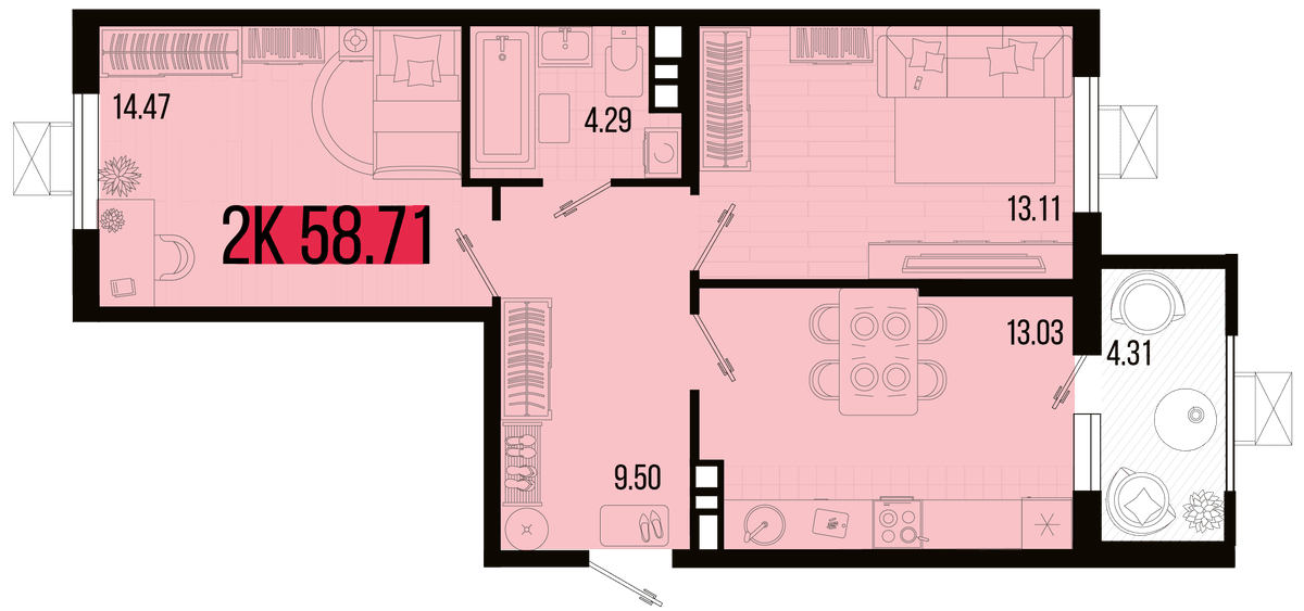 2-к, 57.15 м² · Цветной бульвар
