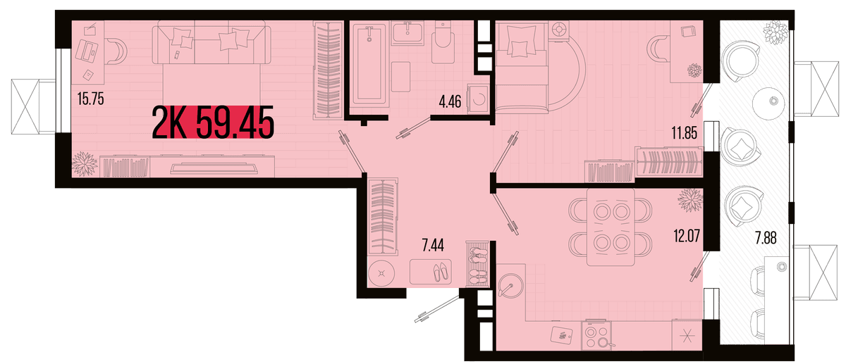 2-к, 55.51 м² · Цветной бульвар
