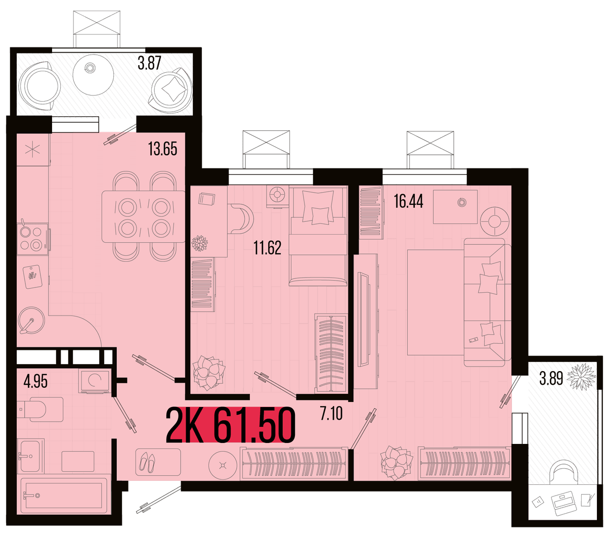 2-к, 57.64 м² · Цветной бульвар