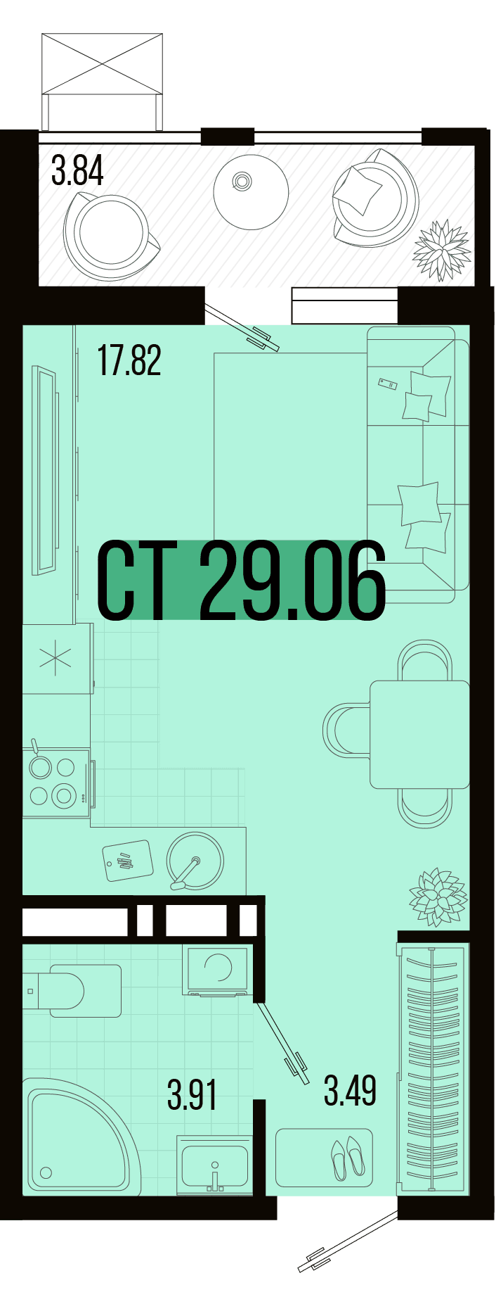 Студия, 27.6 м² · Цветной бульвар