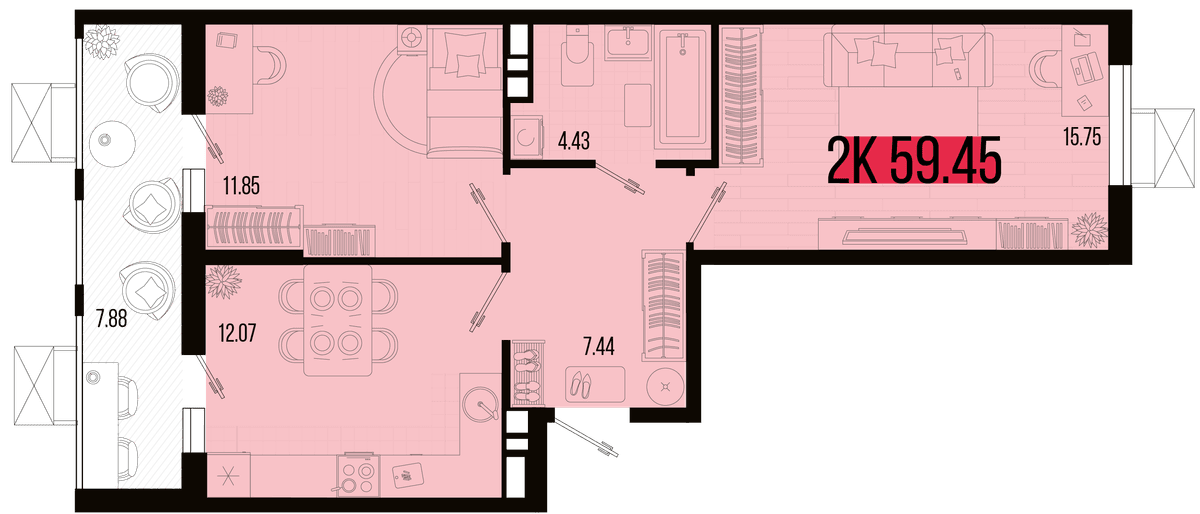 2-к, 55.85 м² · Цветной бульвар