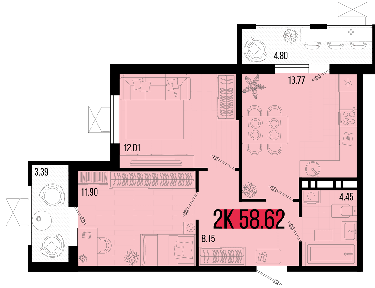 2-к, 55.1 м² · Цветной бульвар