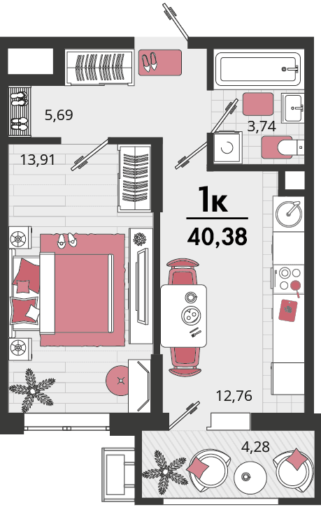 1-к, 40.38 м² · Родные просторы