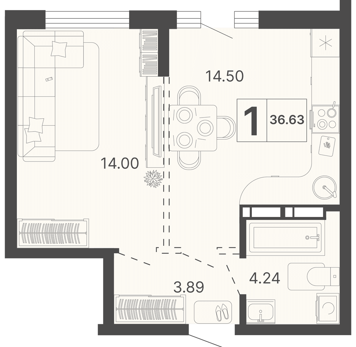 1-к, 36.63 м² · Светский лес