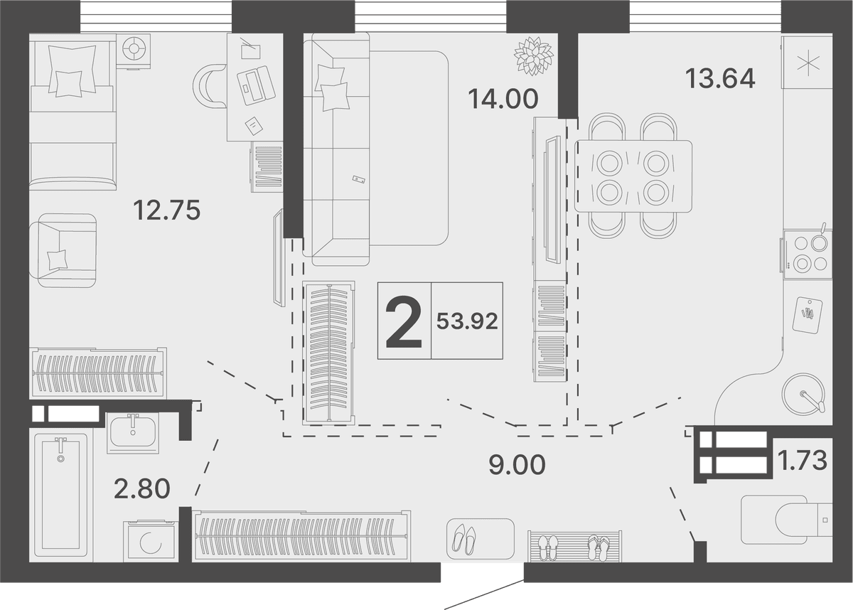 2-к, 53.92 м² · Светский лес