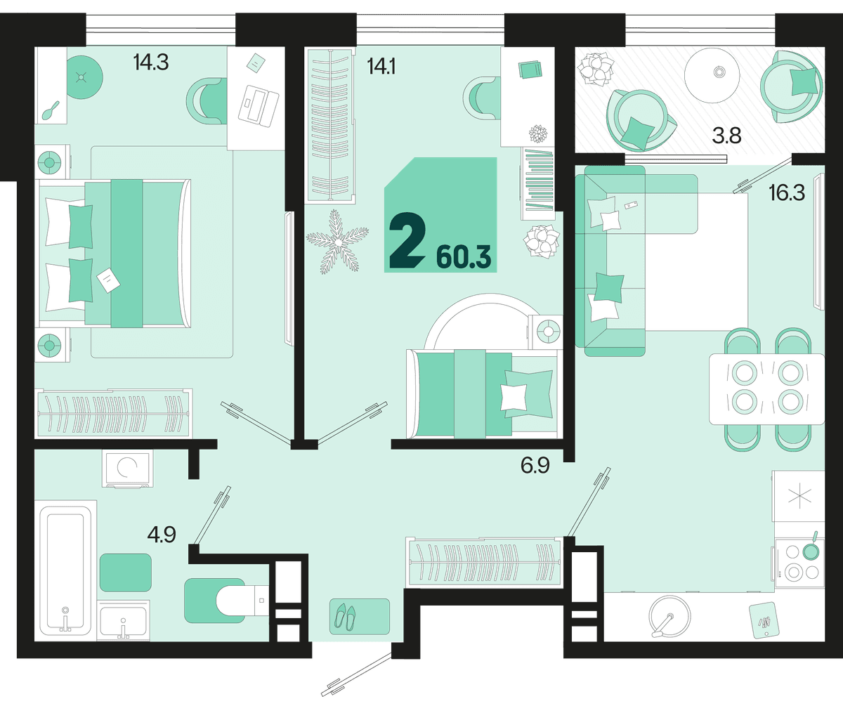 2-к, 60.3 м² · Первое место