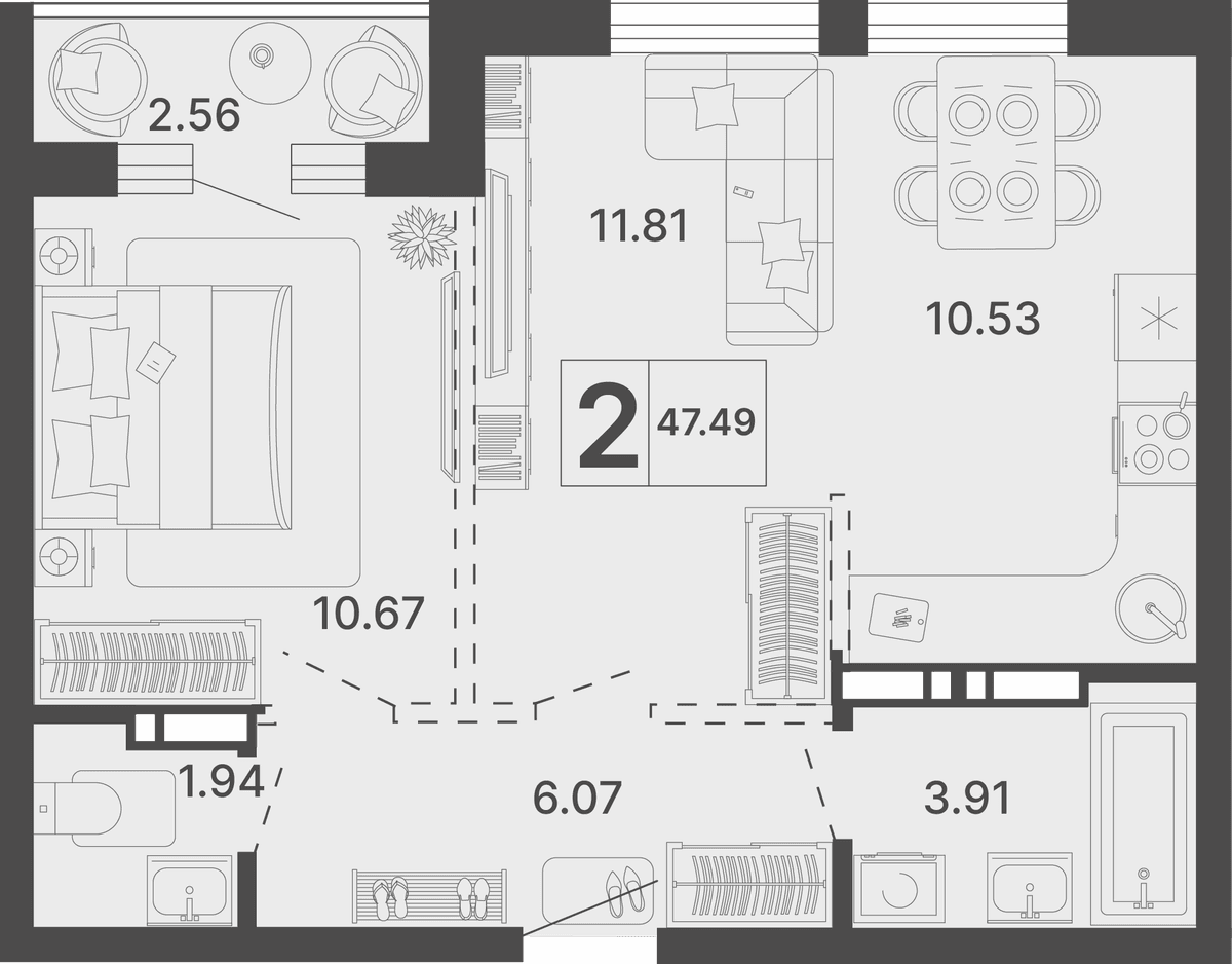 2-к, 47.49 м² · Светский лес
