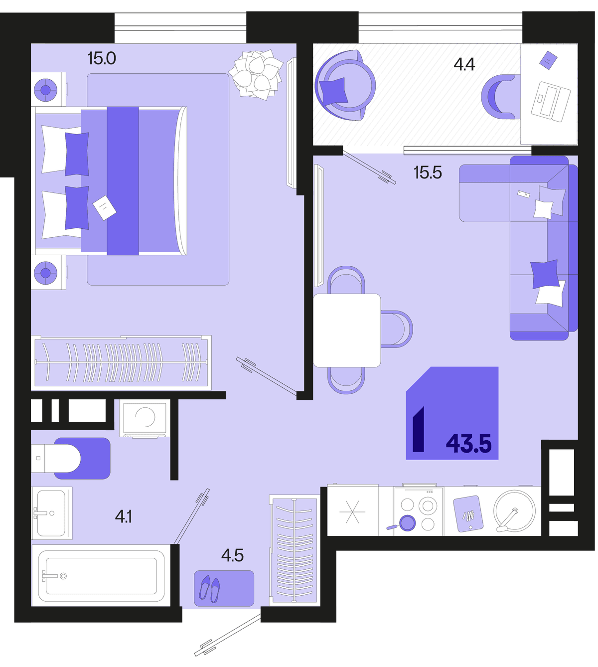 1-к, 43.5 м² · Первое место