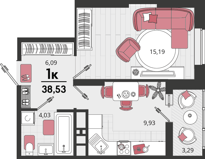 1-к, 38.53 м² · Родные просторы