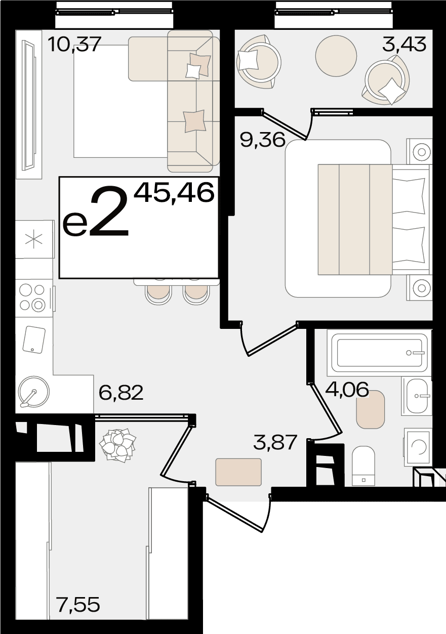 2-к, 45.46 м² · Патрики