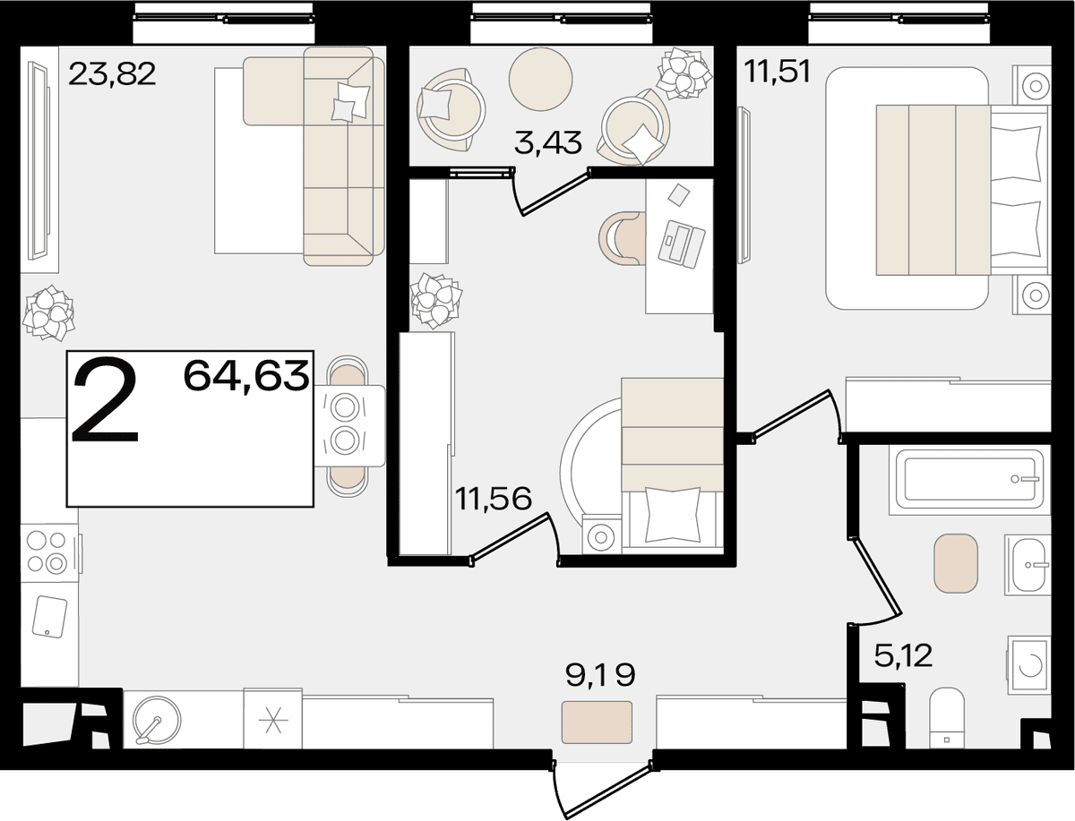 2-к, 64.63 м² · Патрики