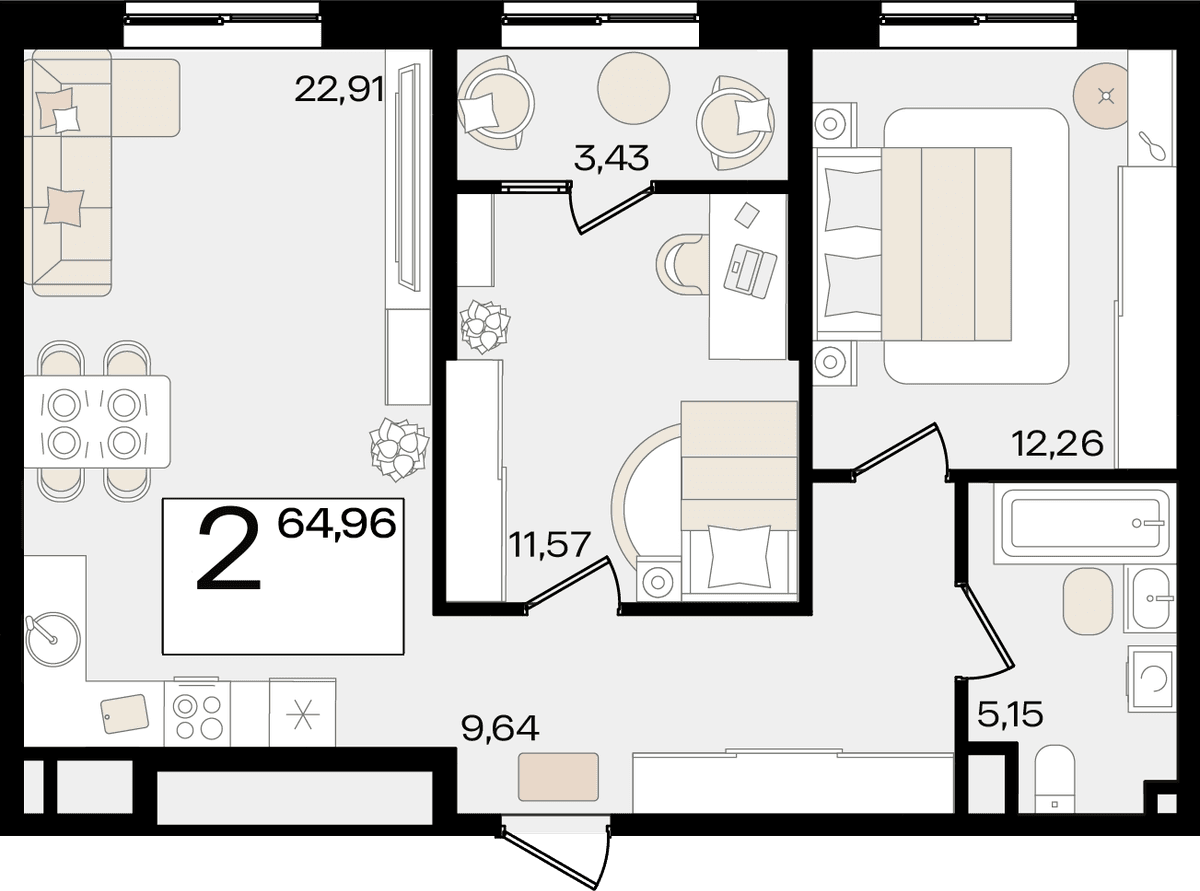 2-к, 64.96 м² · Патрики