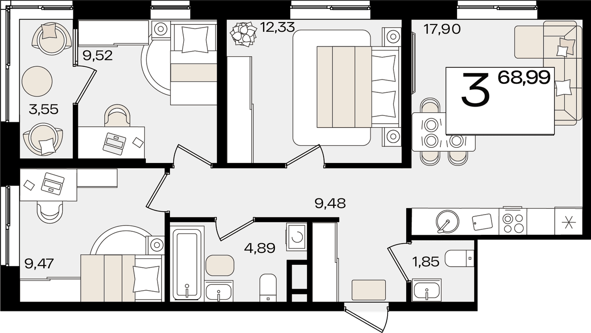 3-к, 68.99 м² · Патрики
