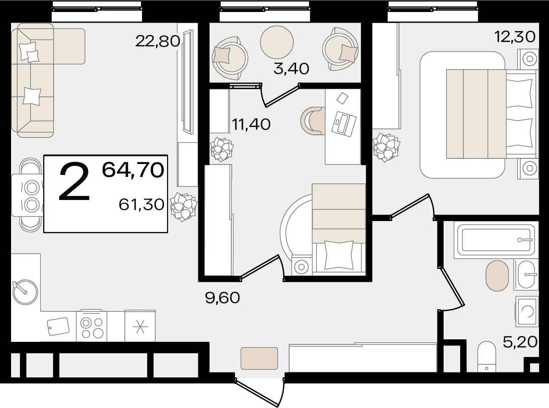 2-к, 64.7 м² · Патрики
