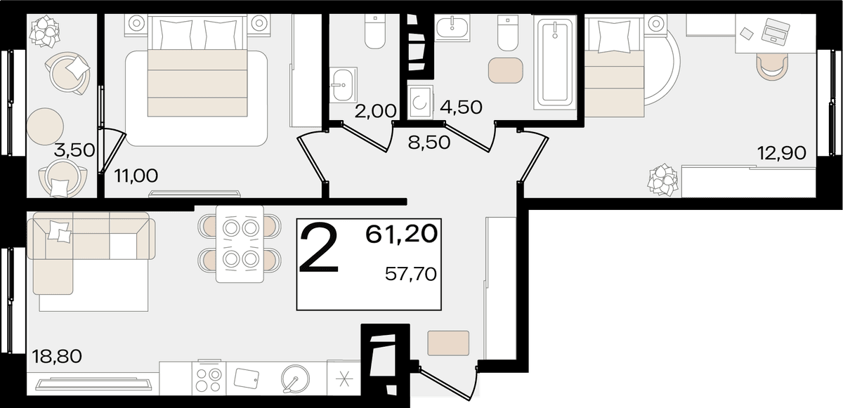 2-к, 61.2 м² · Патрики