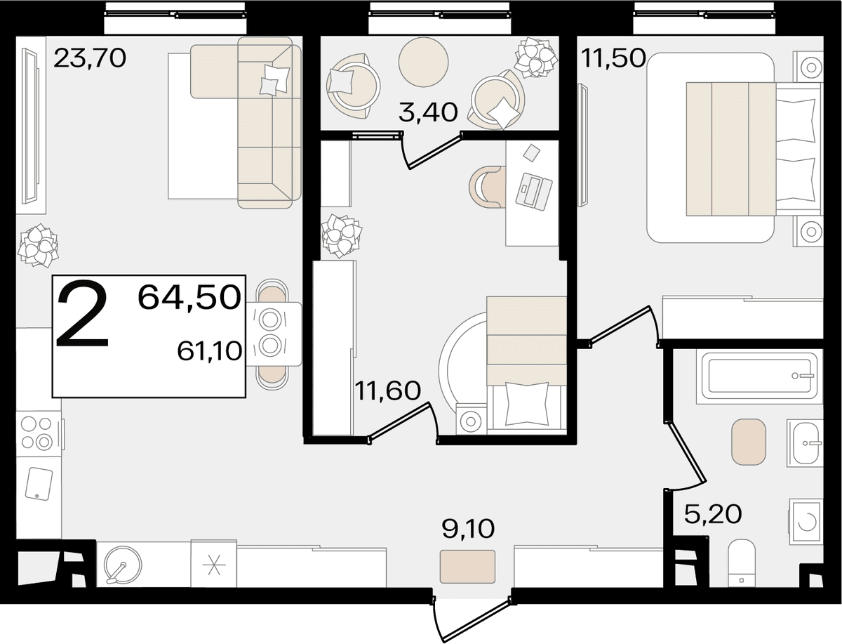 2-к, 64.5 м² · Патрики