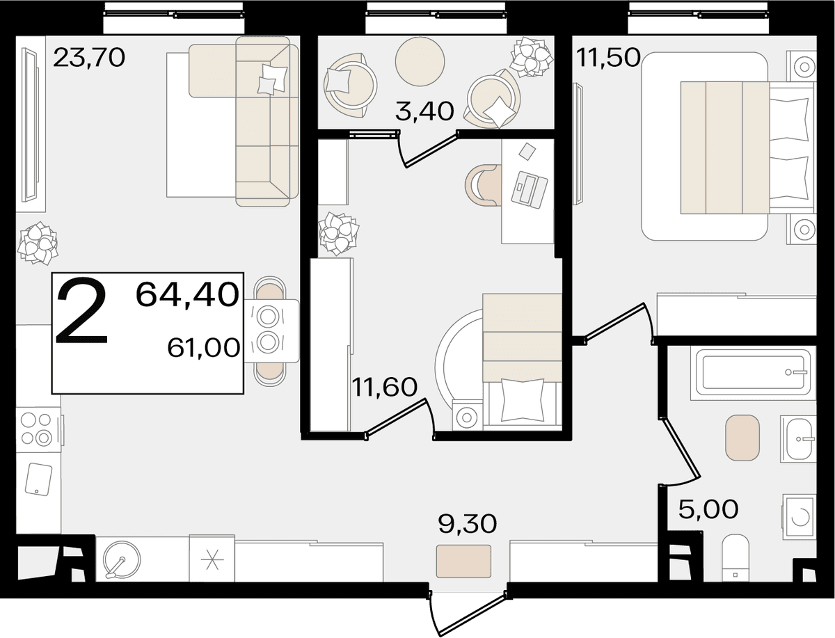 2-к, 64.4 м² · Патрики