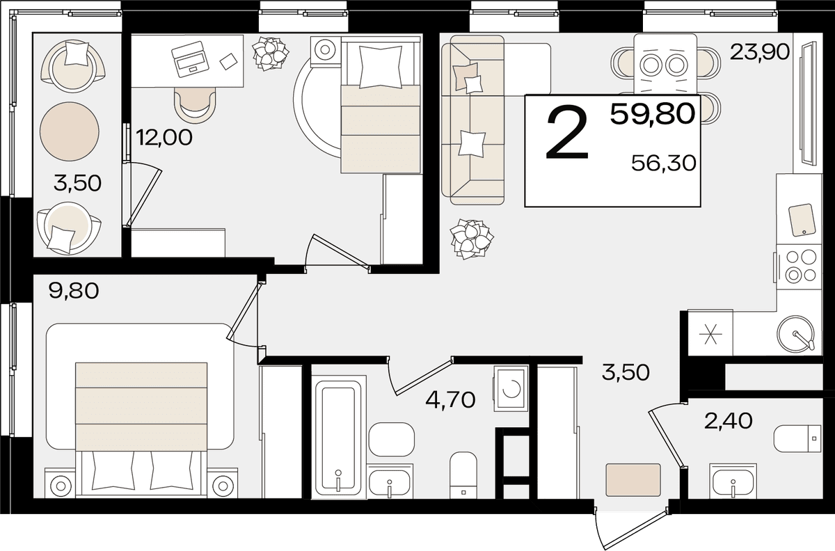 2-к, 59.8 м² · Патрики