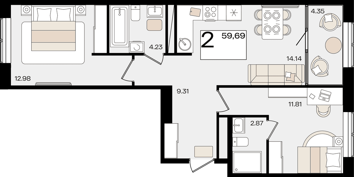 2-к, 59.47 м² · Патрики