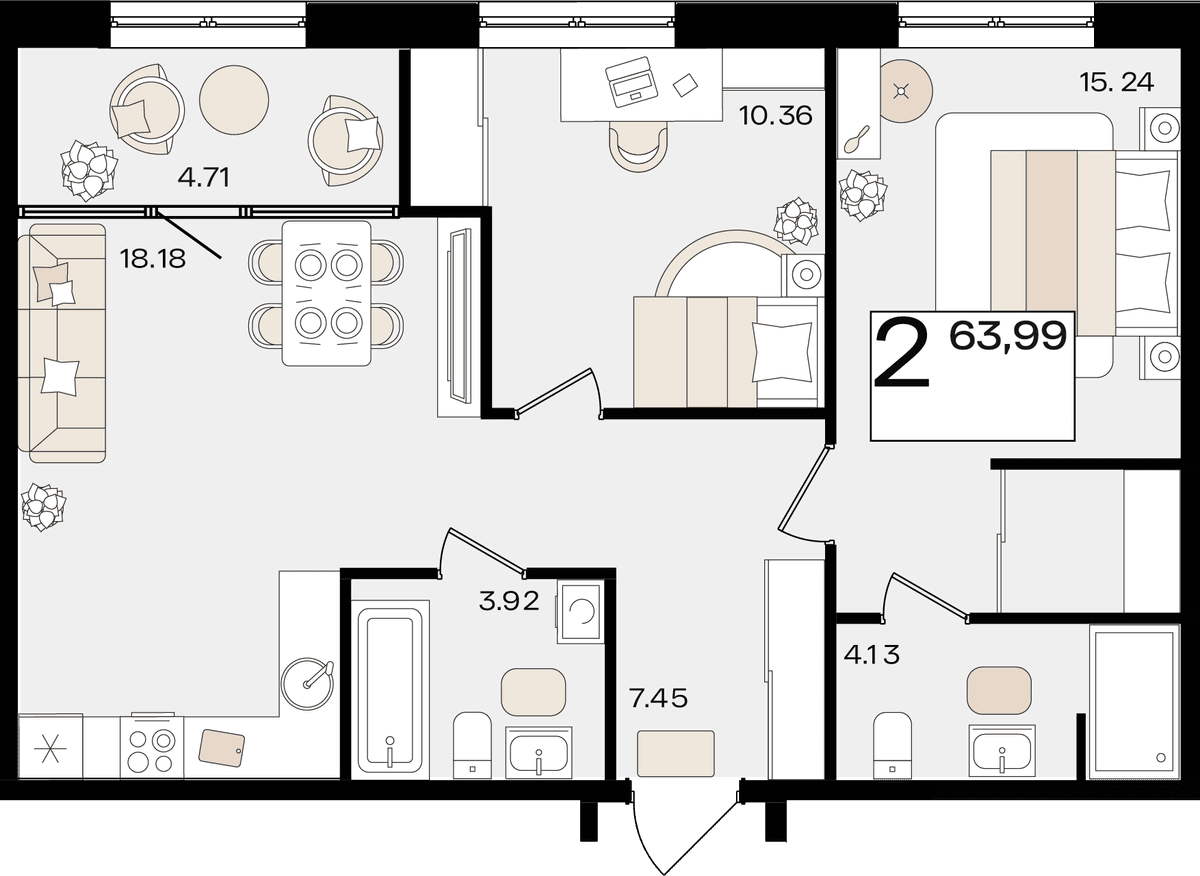 2-к, 63.99 м² · Патрики