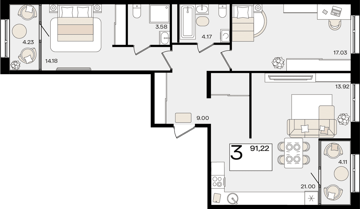 3-к, 91.13 м² · Патрики