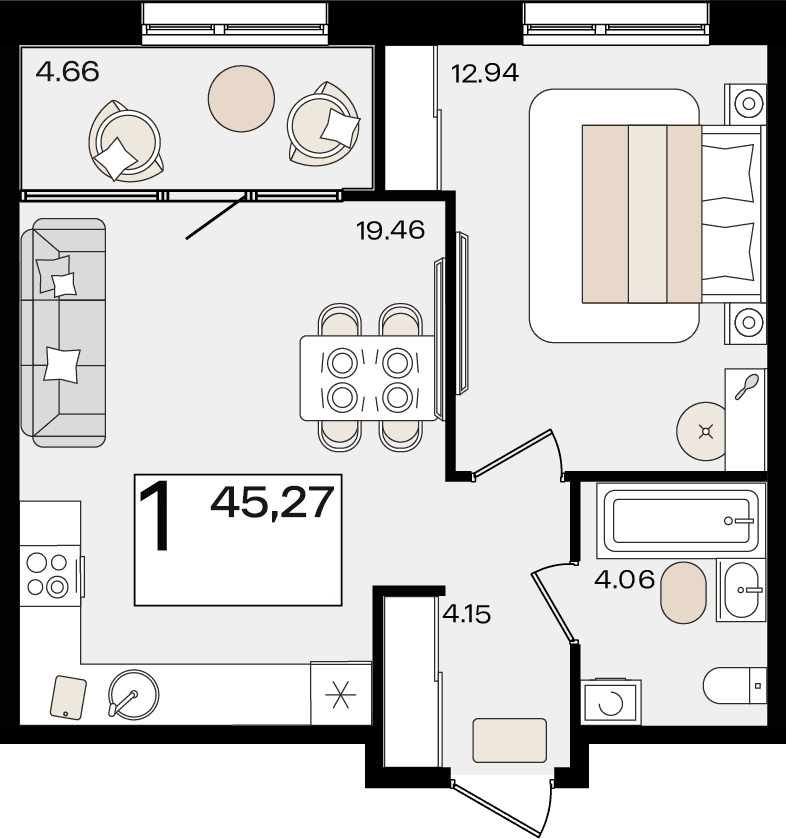 1-к, 45.27 м² · Патрики